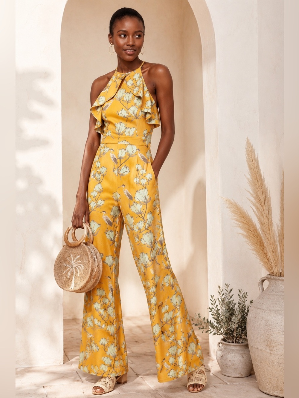 RARE Anthropologie x Varun Bahl Crane Floral Ruffle Halter Wide Leg Jumpsuit 10